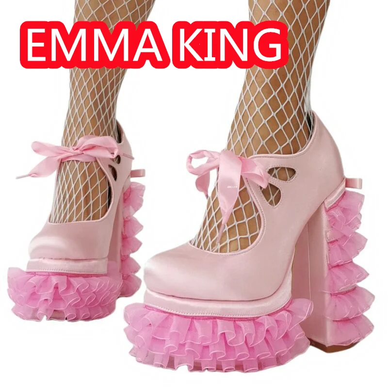 Pink Square Toe Lace Flowers Platform Sweety Girls Dancing SAndals 2025 Shallow Silk Lace Up Size 47 Sexy Runway Shoes Heels image 6