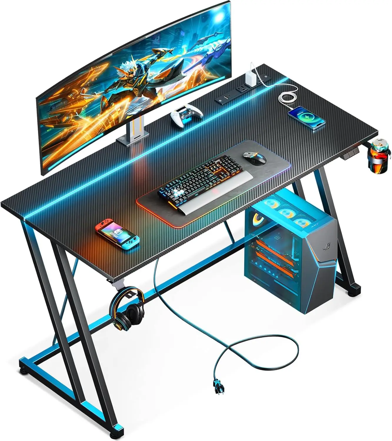 مكتب ألعاب مقاس 47 بوصة مزود بمنافذ LED ومنافذ طاقة، وملمس من ألياف الكربون الأسود، ومكتب كمبيوتر مدمج للمساحة الصغيرة