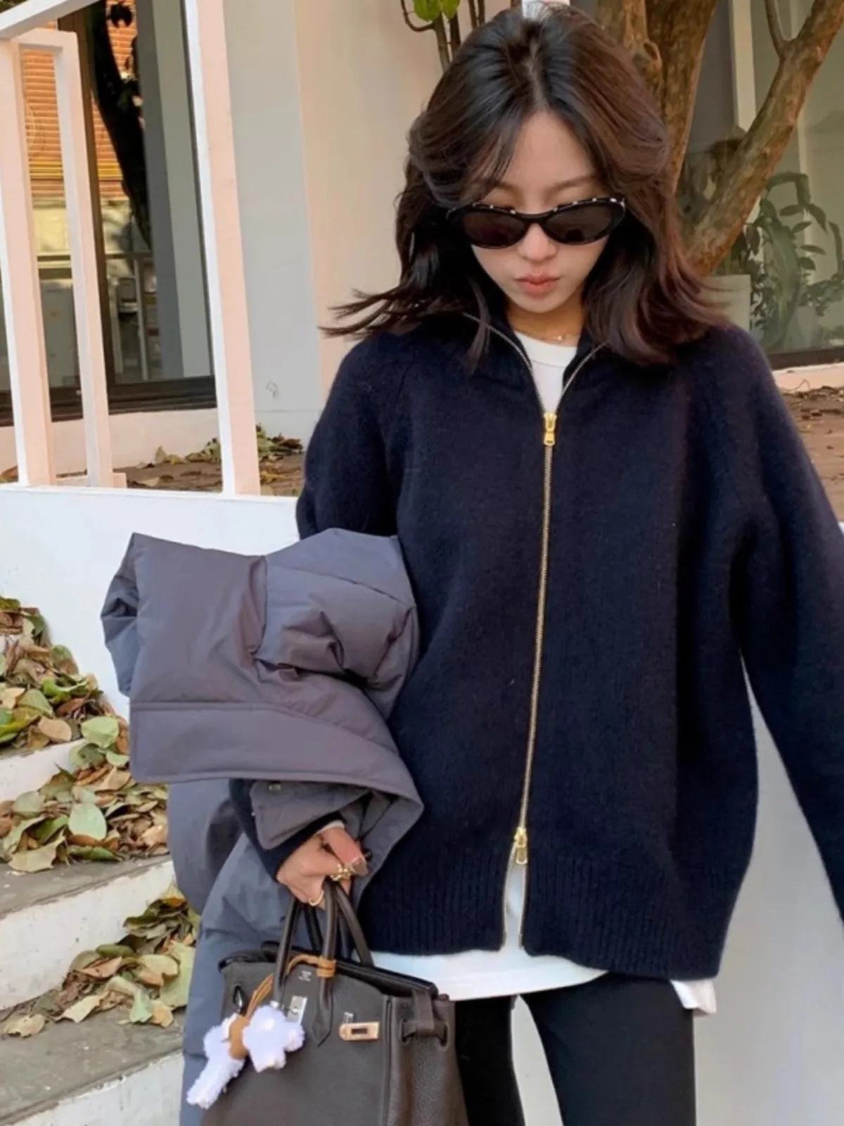 This year\'s fashion turtleneck 100% cashmere zipper cardigan women autumn and winter lazy loose thick knit sweater coat