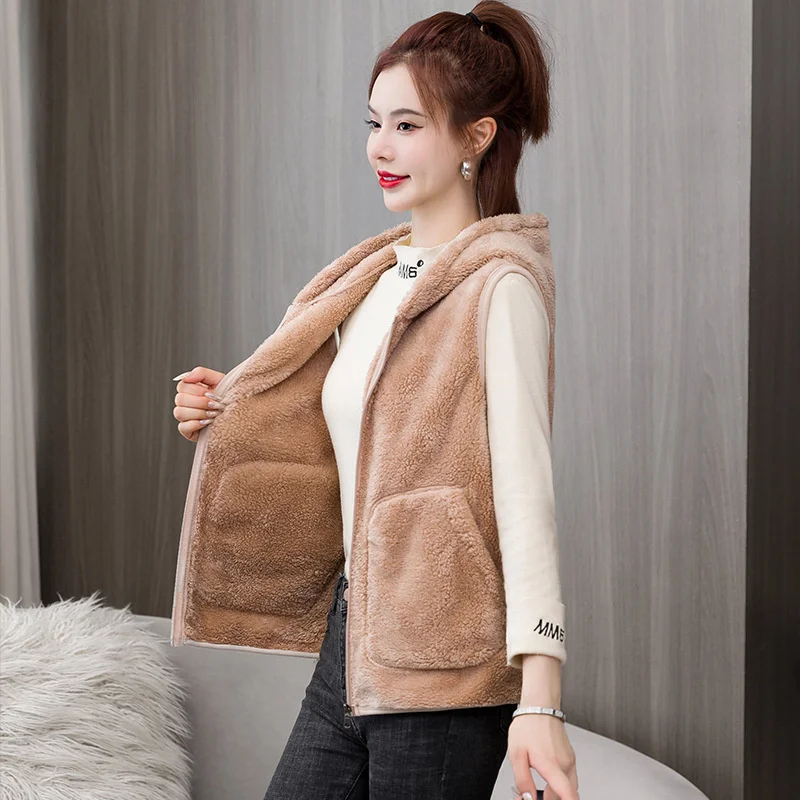 Autumn Winter Women Coral Fleece Coat Hooded Sleeveless Jacket Tank Top Warm Shake Fleece Vest Female Waistcoat Chaleco Mujer