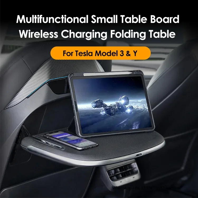 Vjoycar Rear Seat Folding Table For Tesla Model Y Model 3 Accessories Wireless Phone 15W Fast Charging Desk Car Back Seat