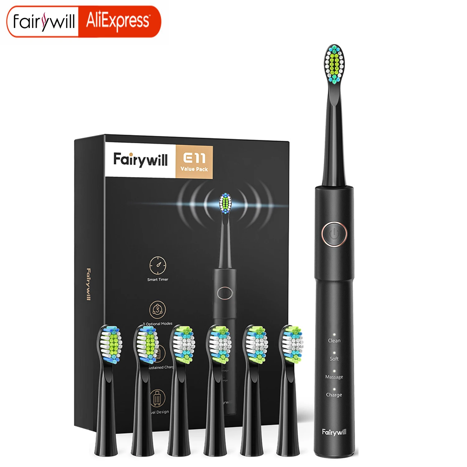 Fairywill Sonic Electric Toothbrush E11 Waterproof USB Charge Rechargeable Electric Toothbrush 8 Brush Replacement Heads Adult