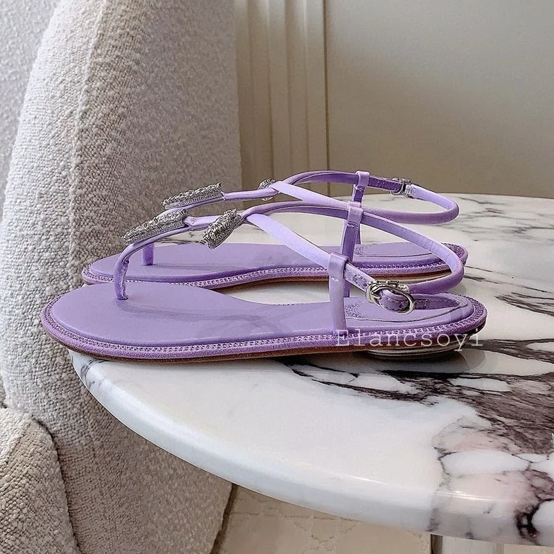 New Sandals Summer Pinch Toe Satin Finish Solid Color Flat Vacation Shoes Women's One Strap Rhinestone Metal Decor Sandalias