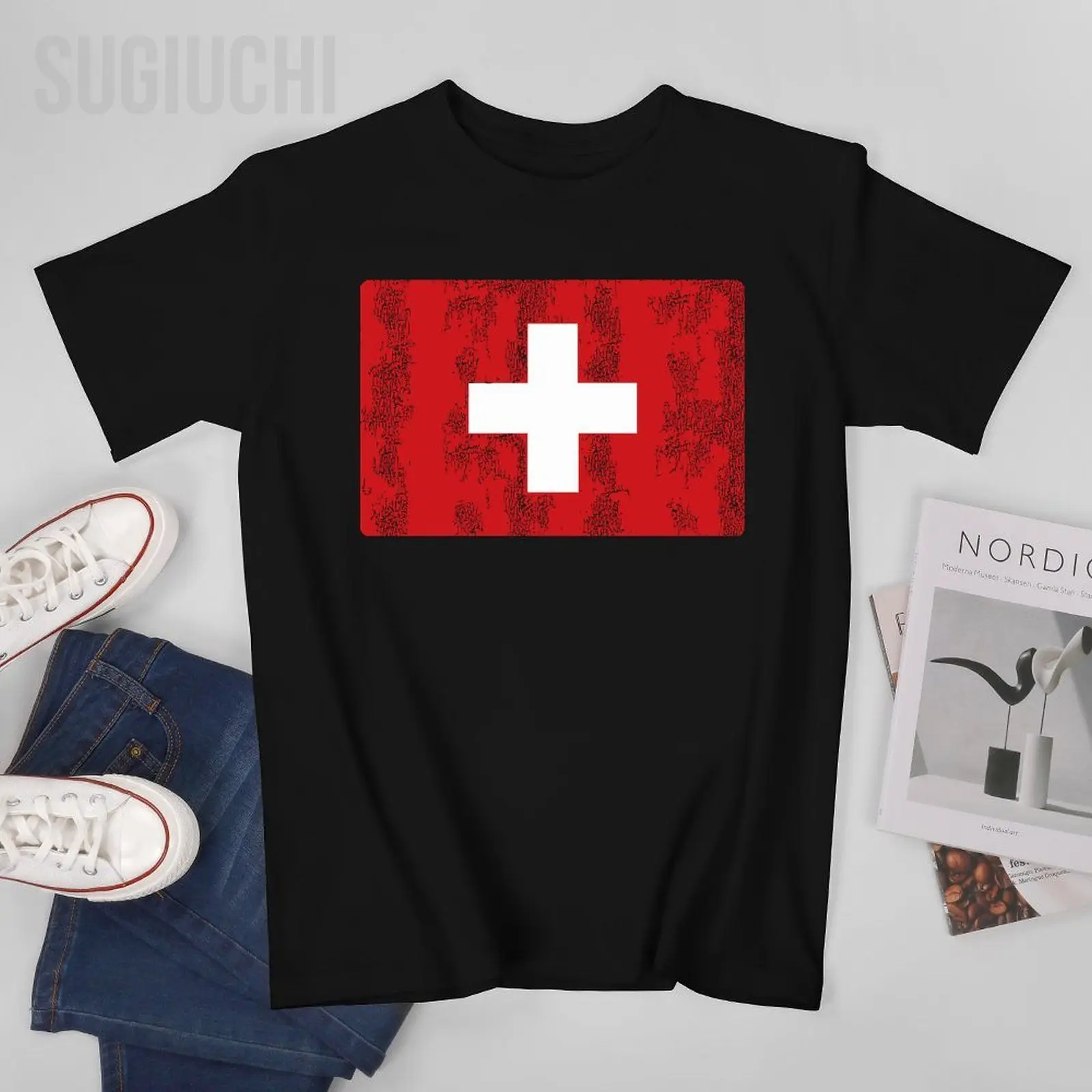 Unisex Men Vintage Swiss Flag Switzerland Souvenir Tshirt Tees O-neck T Shirts Women Boys 100% Cotton T-Shirt