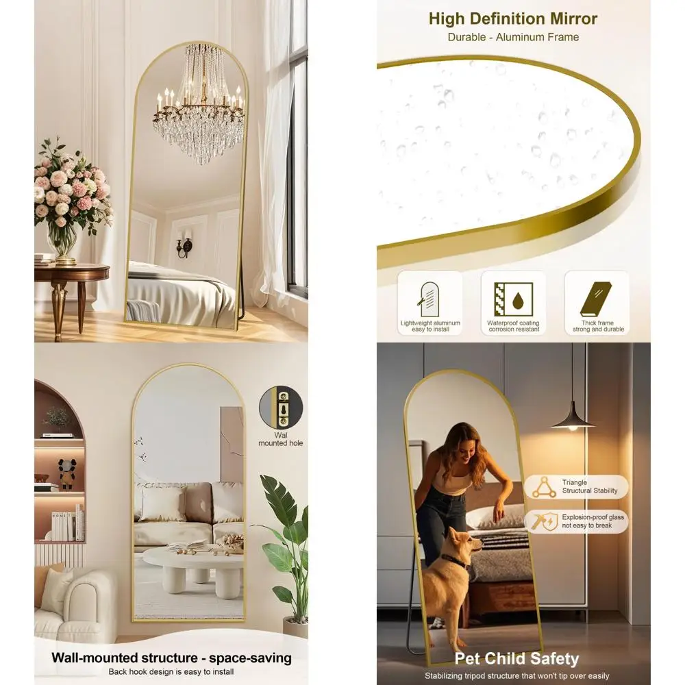 Arched Floor Mirror with Stand for Full-Length Viewing, Ideal for Bedrooms and Living Rooms, Large Leaning Mirror for Home Decor