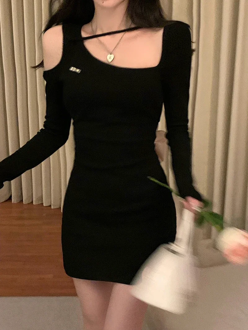 Sexy Black Mini Dress Women Off Shoulder Pure Slit Bow Hollow Out Design Skinny Irregular Attractive Ulzzang Girls Aesthetic