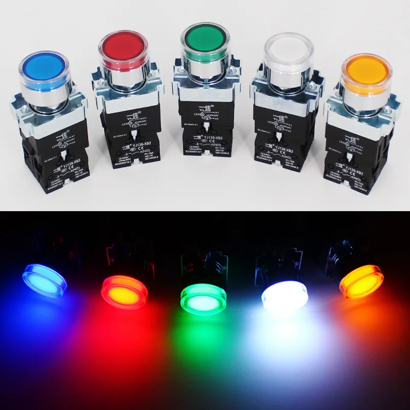 22mm XB2 Button Switch with Neon Lamp 1no / NC 12V 24V 36V 110V 220V 380V Green, Red, Yellow, Blue and White