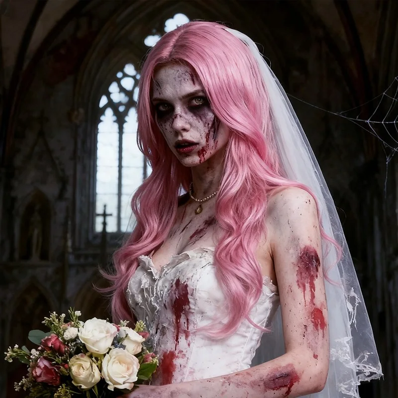 Pink middle-parted long wavy hair Halloween cosplay wig synthetic fiber headpiece