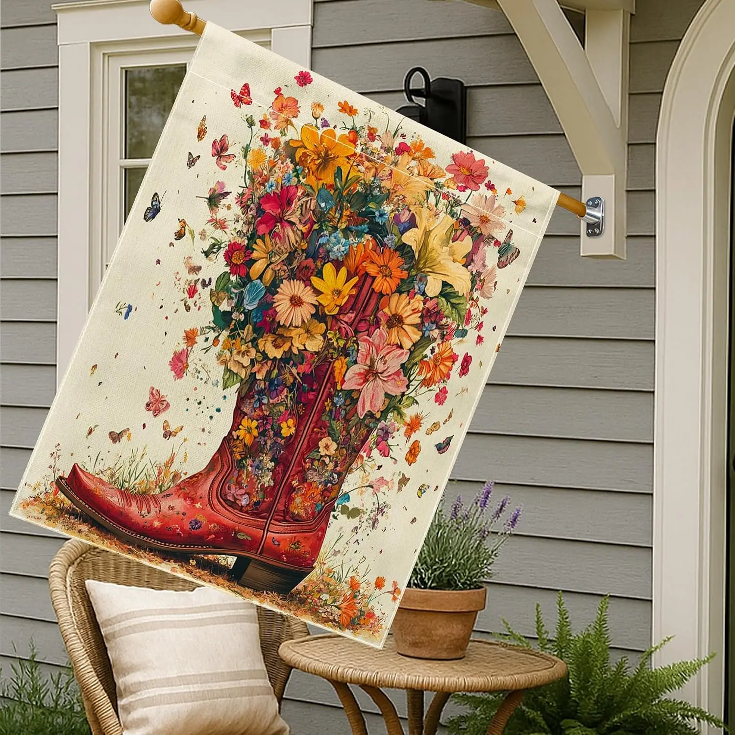 Spring Western Boots House Flag 28x40 Inch for Outside, Vintage Floral Plant Standard Vertical Linen Home Flag, Flowers Fron MMZ