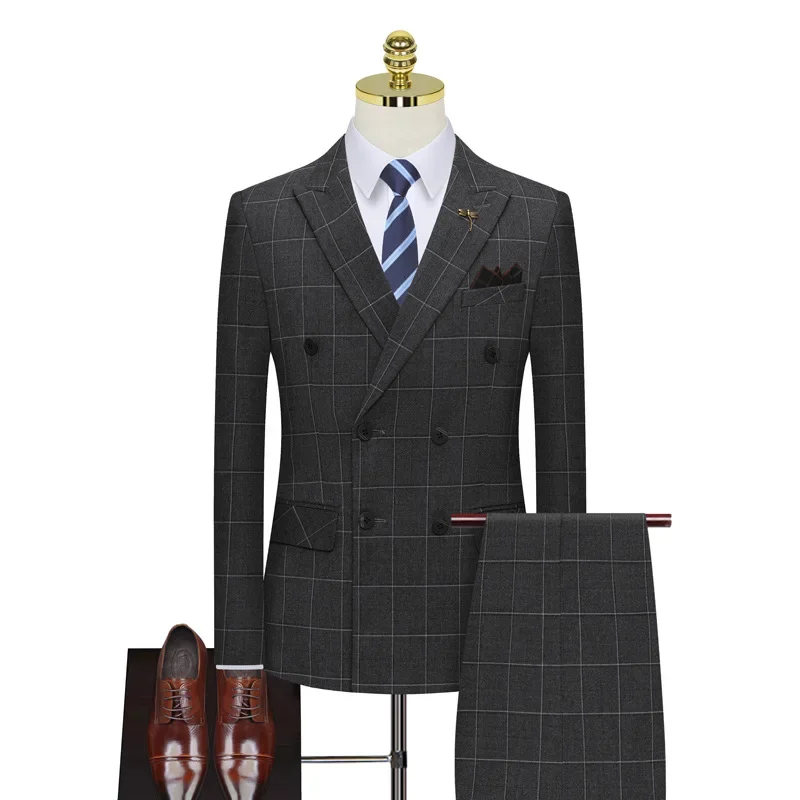 

﻿ Double breasted suit for men gray checkered business casual formal wear slim fit ensembles pantalons