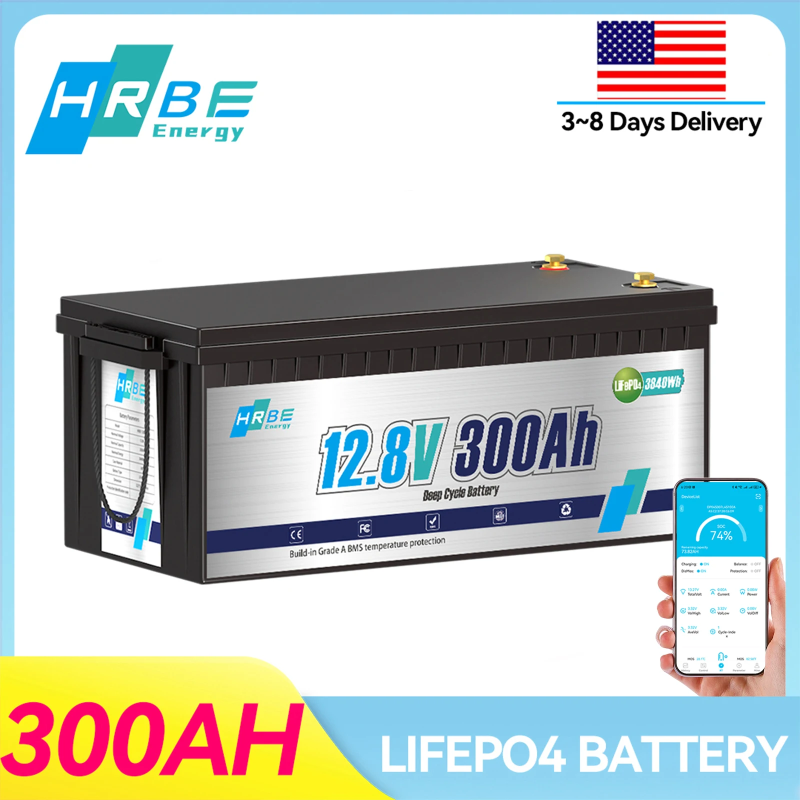 HRBEEnergy 12V 300Ah LiFePO4 Lithium Battery, Smart APP Real-time Monitor, 3840Wh Energy, Built-in 200A BMS, 3000+ Deep Cycles, for RV Solar Marine Off-Grid System