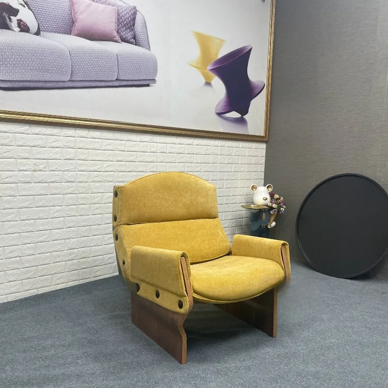 Retro designer wabi-sabi wind solid wood special-shaped fabric living room model room casual button sofa chair