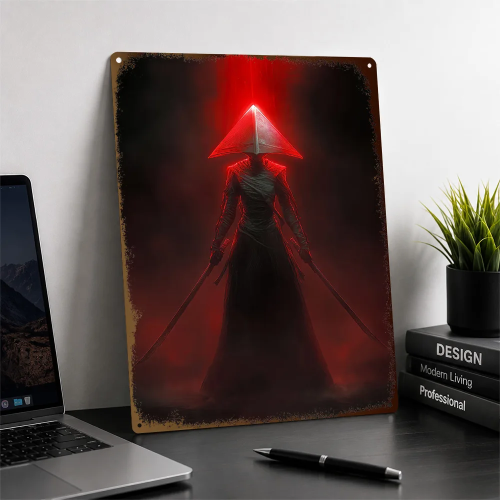 Mysterious Samurai With Red Light Aluminum Poster Personalized Metal Sign Bold Dark Folklore Wall Art For Mythology Collectors