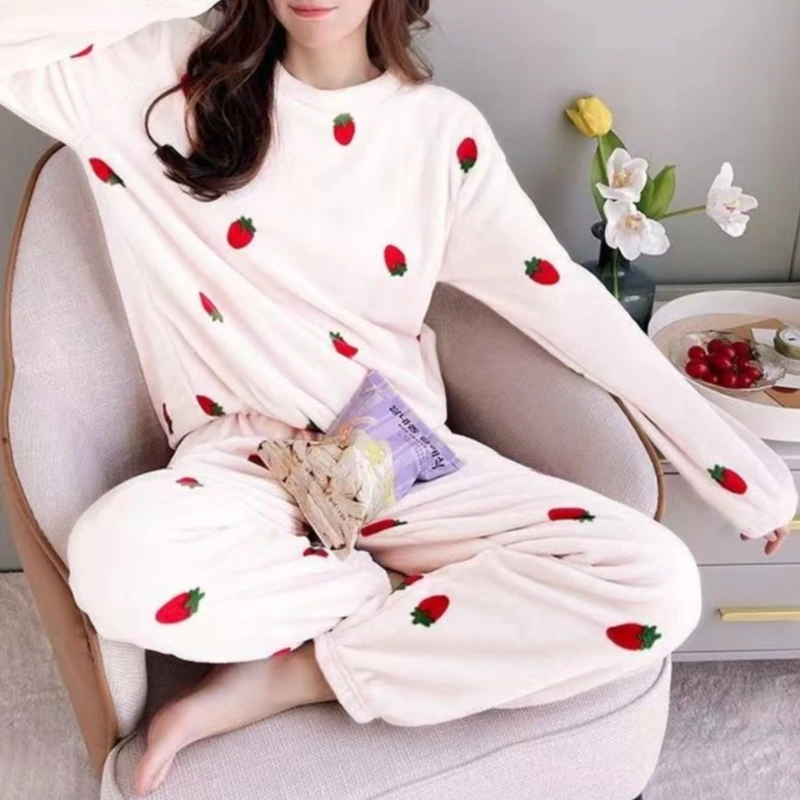 Strawberry Women Chic Basic Homewear Suit Cute Sweet Casual Pullover Top Elastic Waist Pants Autumn Winter Fleece Pajama Set New