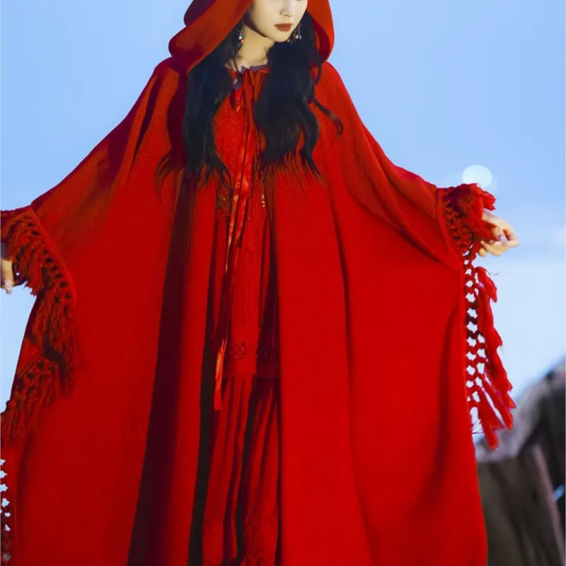 

Travel Wear Red for Women Cape and Shawl Sichuan Cloak Ethnic Coat Long