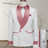Gwenhwyfar Colorful Lapel Men Suit White Jacqaurd Blazer Pants with Pink Black Blue Green Purple Orange Satin Cuffed Sleeve