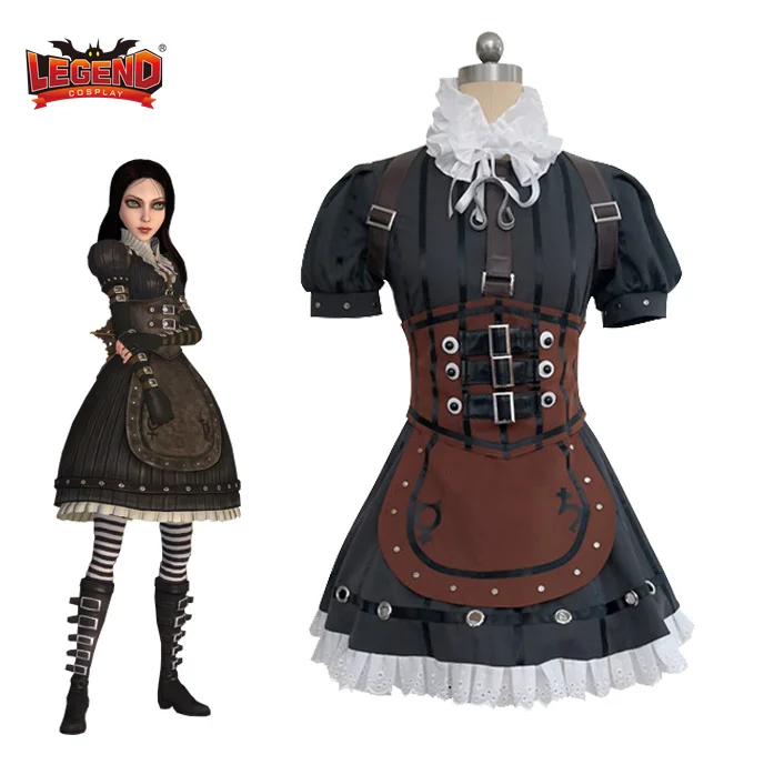 

Game Alice Madness Returns Cosplay Costume Alice Steam Dress Socks Headgear Gloves Full Set Custom Made Halloween Suit Men Women