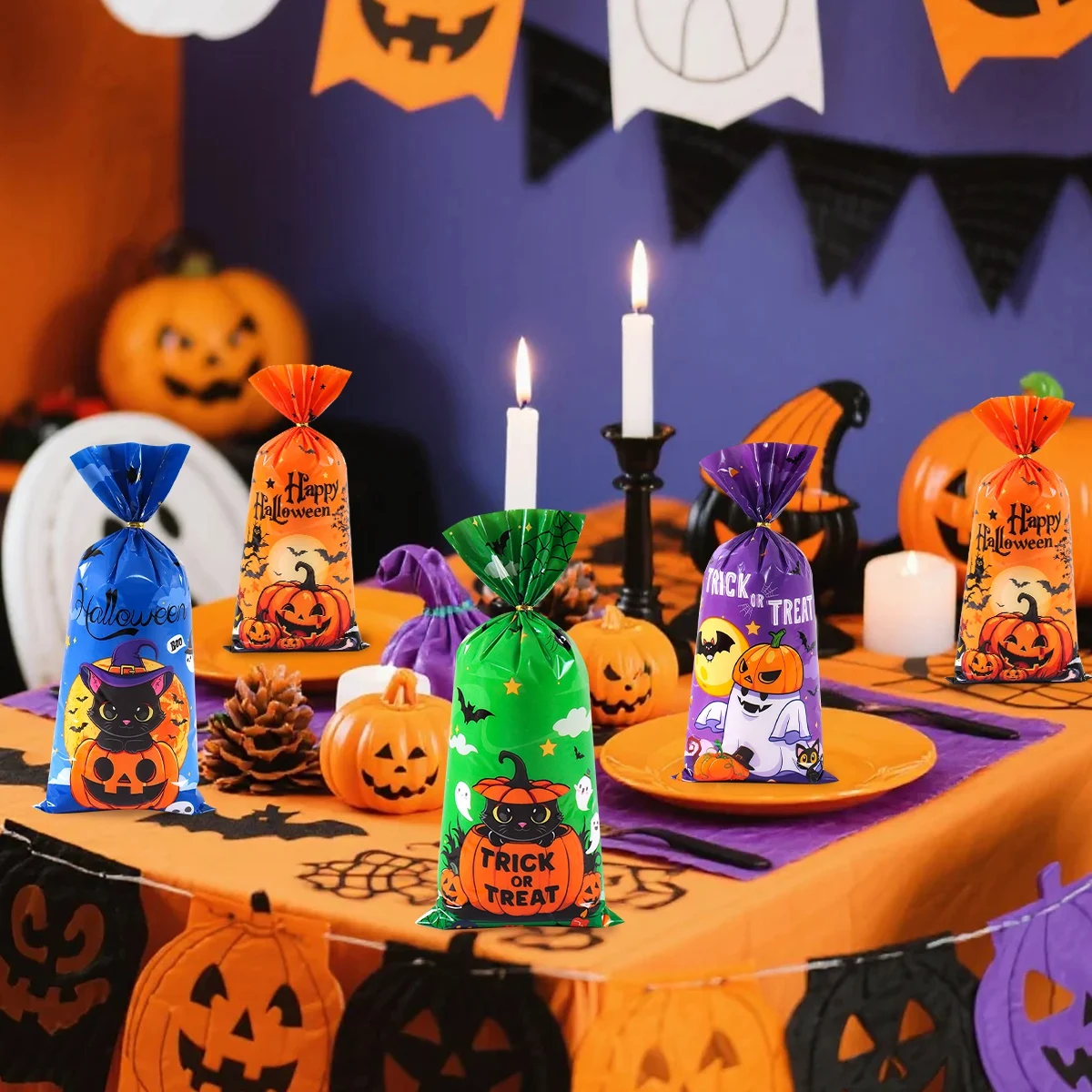 25/50/100 Stück Halloween Geisterkatze Geschenktüten Süßigkeiten Keks Verpackungsbeutel Süßes oder Saures 2025, Happy Halloween Party Decor Supplies – Detail 5