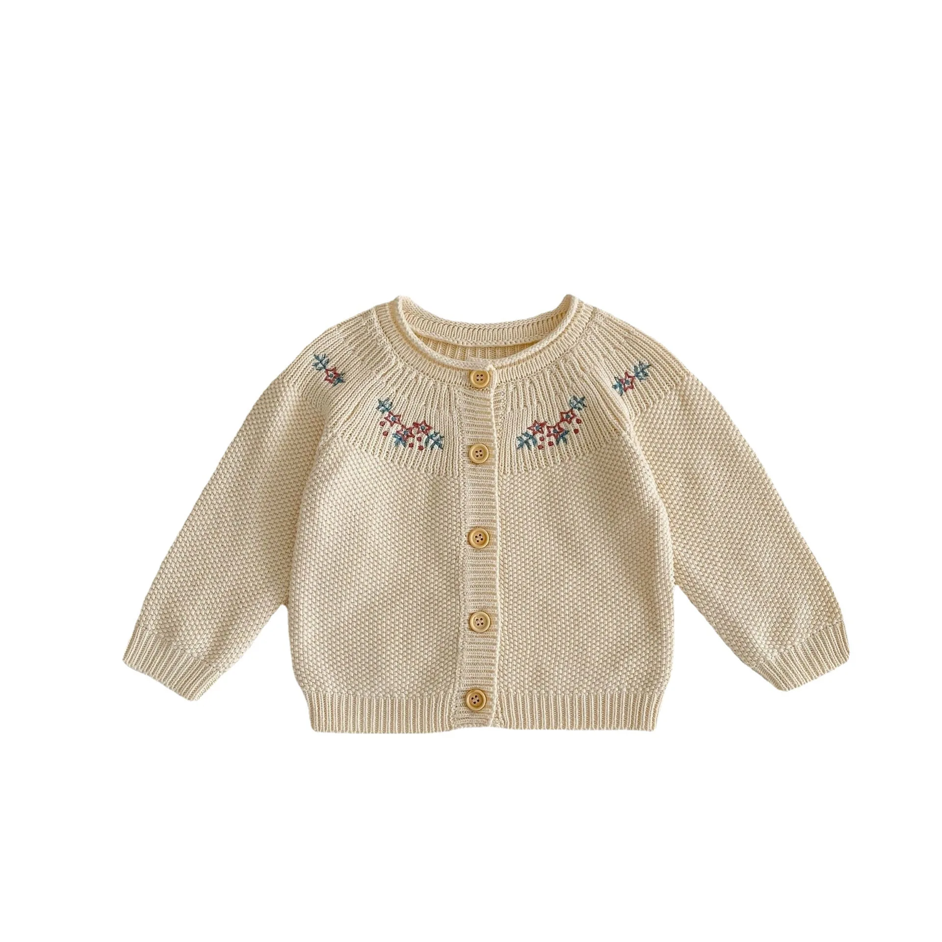 ニットの子供用長袖カーディガン,シンプルな刺embroideredセーター,すべてマッチング,コットン糸,0〜2歳,秋,2024