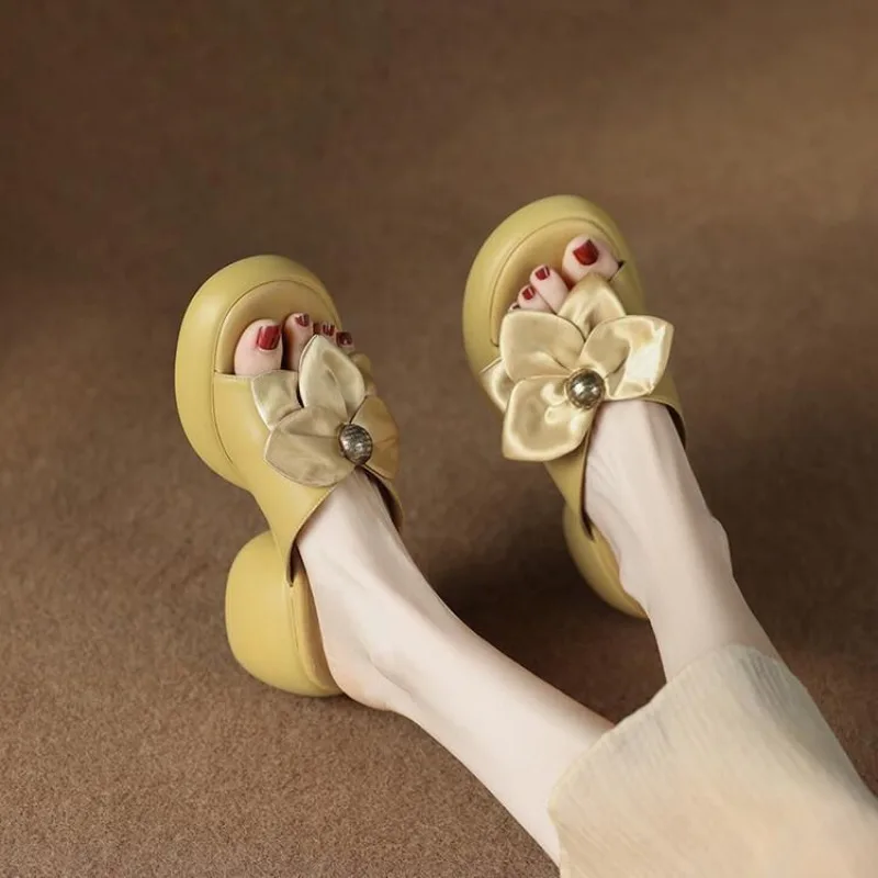 

Sandals Kawaii Cute Woman Slippers Soft Shoes for Women Outside High Up To 5cm Heel Slides Leather Sabot Non Slip 2025 Luxury