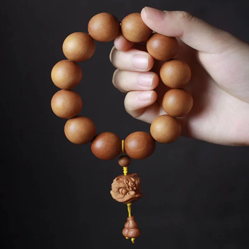 Barbie Sandalwood2.0cmBuddha Beads Bracelet with Lion Pendant Wooden Cultural Artifact Men and Women Couple Single Ring Bracelet