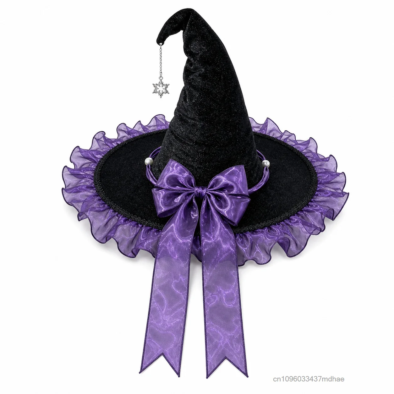Women Gothic Witch Hat Black Pointed Wizard Cap Purple Lace Trim Star Pendant Halloween Party Cosplay Lolita Costume Props 5