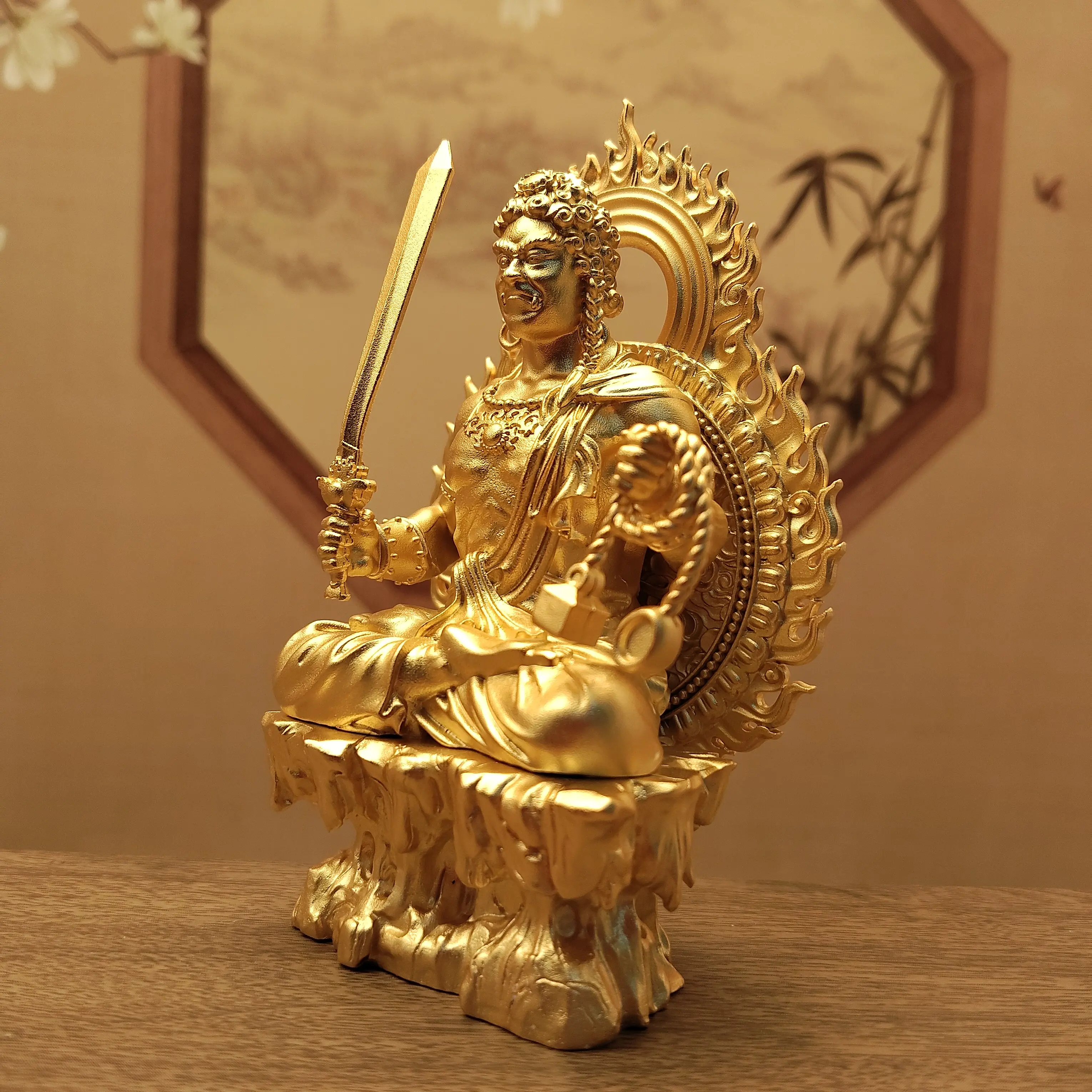Nepal Craft Gold-Plated Acala Fudo Myoo Eight Protectors Statue 10cm Home Office Living Room Altar Blessing