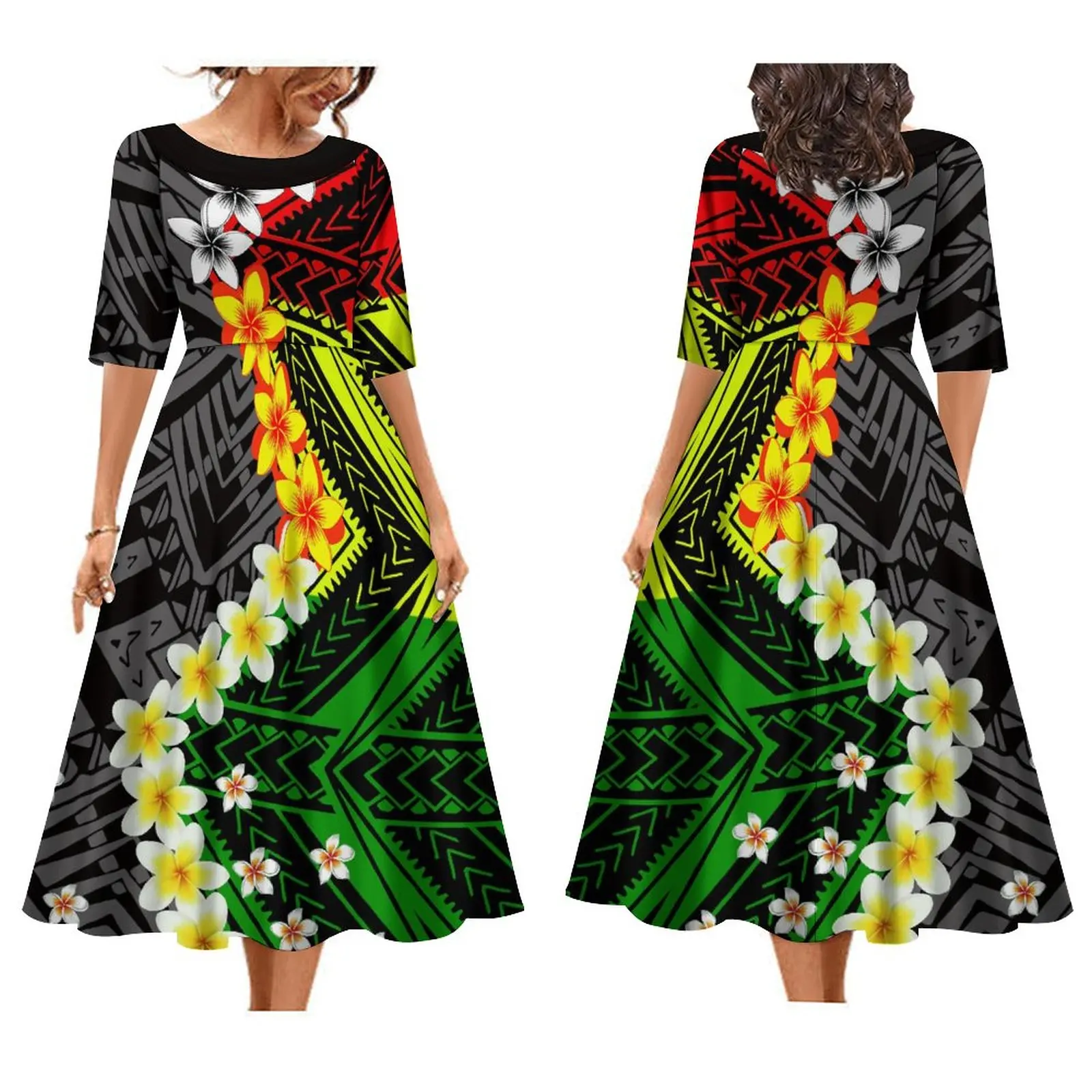 Women\'s Dress Custom Polynesian Style Long Skirt Crew-Neck Skirt Dress Summer Short Sleeve Quality Fabric Dress