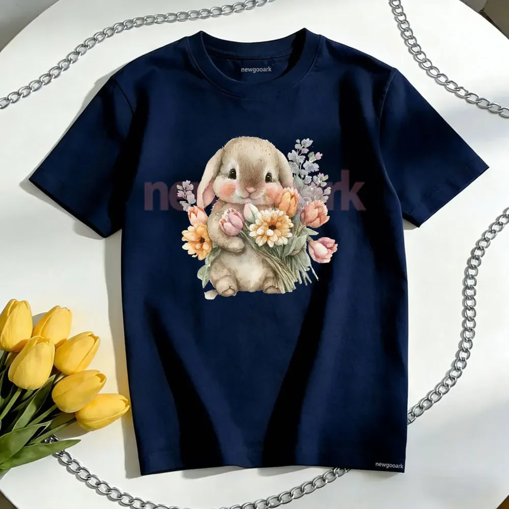 Rabbit Surrounded By Flowers Easter Rebirth and Joy T-shirt Vintage Festival Cartoon Woman Man Casual Cotton Graphic T Shirts