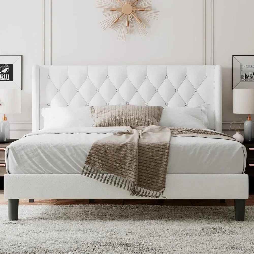 King Size Bed Frame with Wingback | Upholstered Platform Bed with Diamond Tufted Headboard | Heavy Duty Design