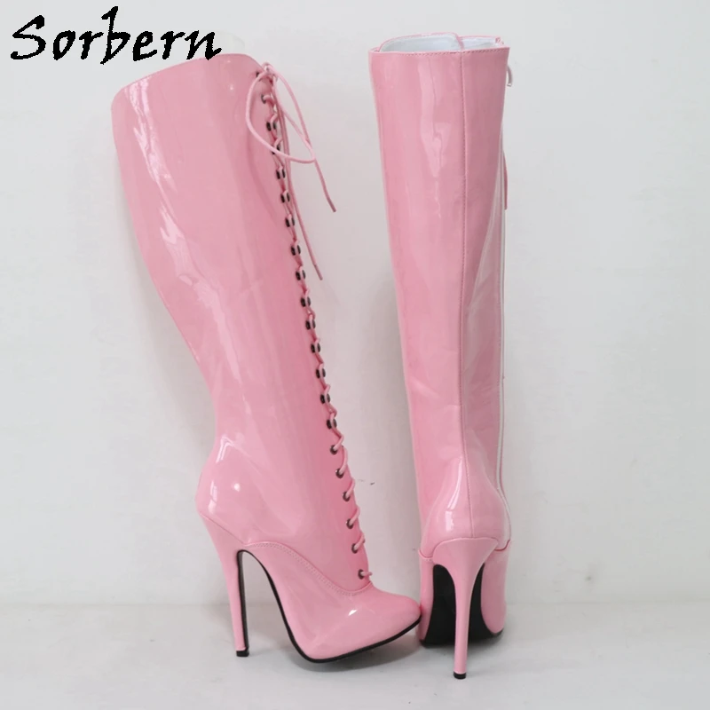 Sorbern Pink Shiny Burlesque High Heels Boots Women Retro Fetish Stilettos Cute Round Toe Lace Up Sissy Boy Hard Shaft Custom