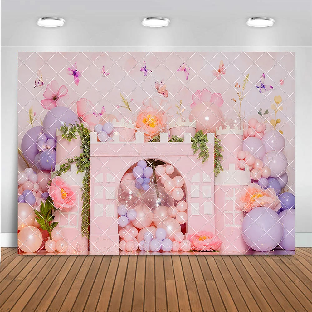 Pink Princess Castle Backdrop for Photography Girl Birthday Cake Smash Background Flowers Butterfly Photo Banner Studio Props