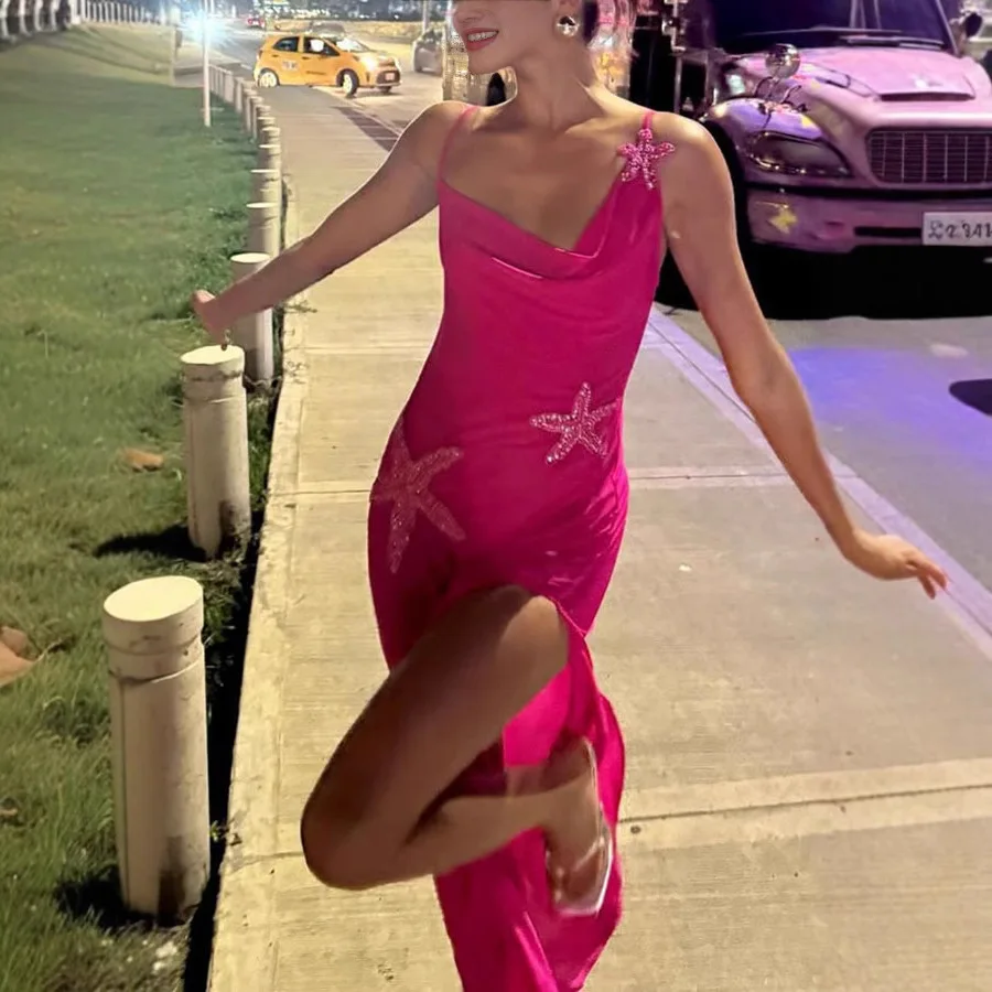 Sexy Satin Dress with Cowl Neck Star Decoration Slit Tie Back Dresses Spring Summer