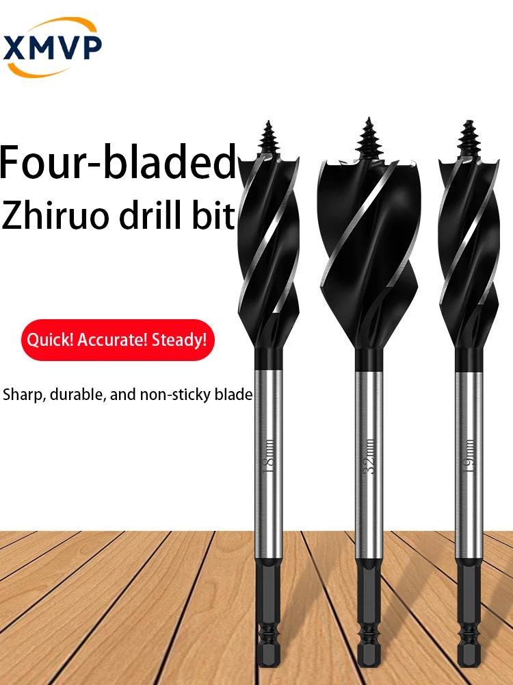 

Woodworking drill chuck with four-bladed twist drill for drilling holes in wooden boards, wood, door locks, drawers. Hole expand