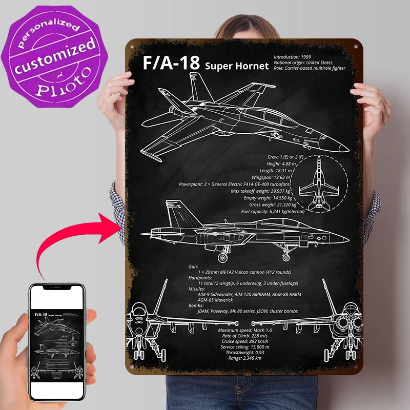 F/A-18 Super Hornet Blueprint 3D Printed Texture Poster Personalized Wall Art Retro Metal Tin Signs for Office Decoration Gaming