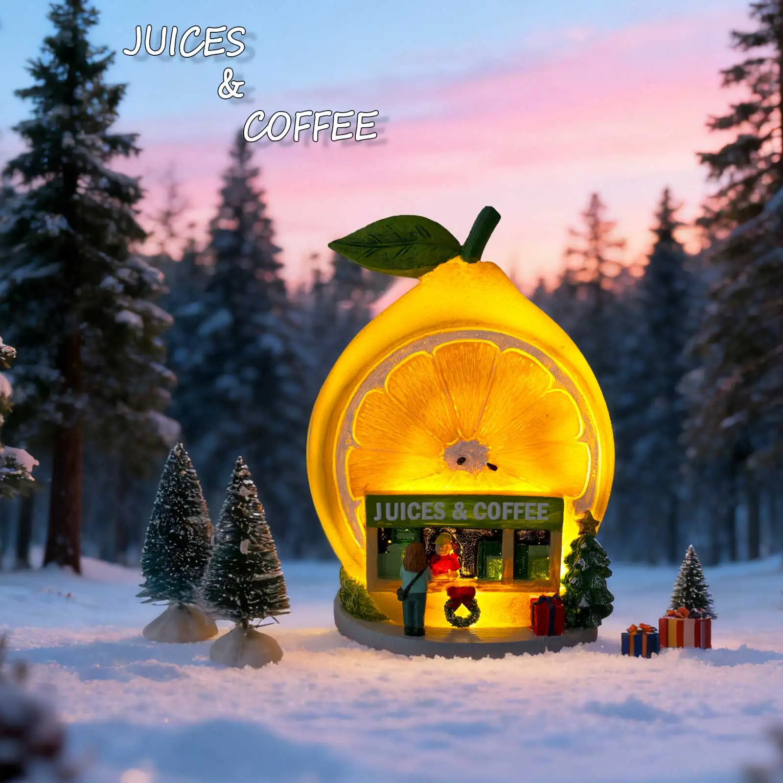 Weihnachtsdekoration für Zitronensaft und Café, LED-beleuchtete Feiertags-Sammelfigur, verschneite Dorf-Weihnachtsdekorationen – Detail 6