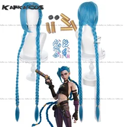 Anime Lol Jinx Cosplay Pruik Hoofddeksels Tattoo Lang Gevlochten Blauw De Losse Kanon Pruik Hittebestendig Synthetisch Haar Voor Halloween