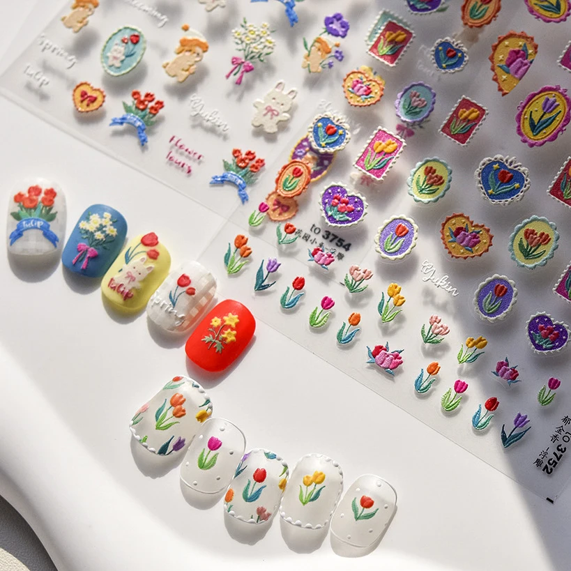 1 قطعة 5D اللون الوردي الأرجواني توليب مسمار الفن ملصق الرجعية اللؤلؤ زهرة لينة الإغاثة ذاتية اللصق مسمار الفن ملصق مسمار مائي #2