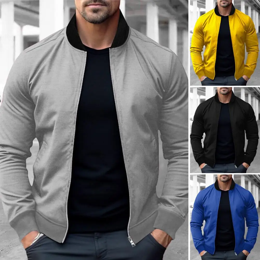 

Stand-up Collar Jacket Men's Stand Collar Zipper Cardigan Jacket with Pockets Mid Length Coat for Fall Spring Threaded Cuff