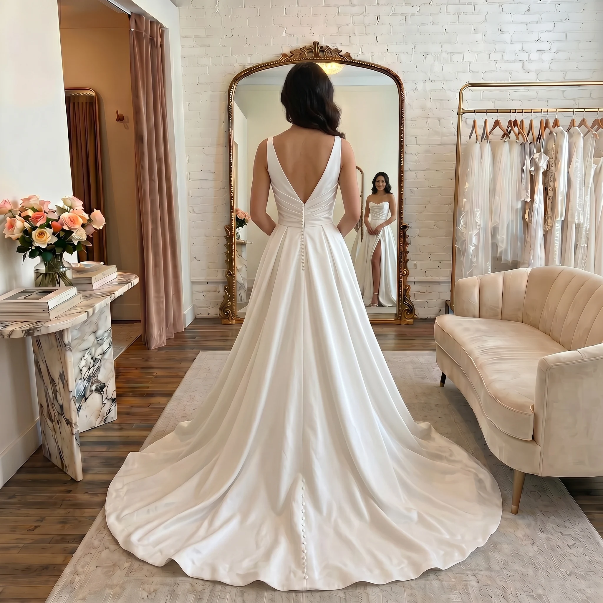 V-Neck Satin A-Line Wedding Dress Pleated Bodice Minimalist Sweep Train Bridal Gown Custom Ivory Vestido De Novia