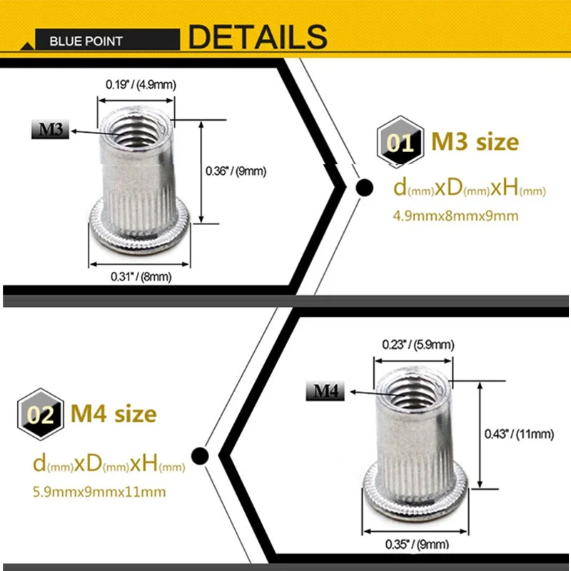 150Pcs Steel Aluminum Flat Head Rivet Nuts Set M3 M4 M5 M6 M8 Riveting Nut Threaded Inserts Rivets Insert Kit