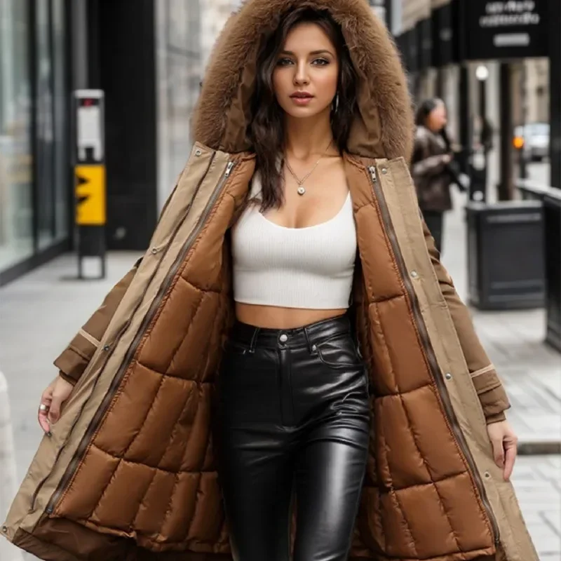 Women Thickened Parka 2024 New Arrivals Zipper Lined Warm Down Cotton Coat Fashion Cinched Waist False Fur Collar Hooded Jacket