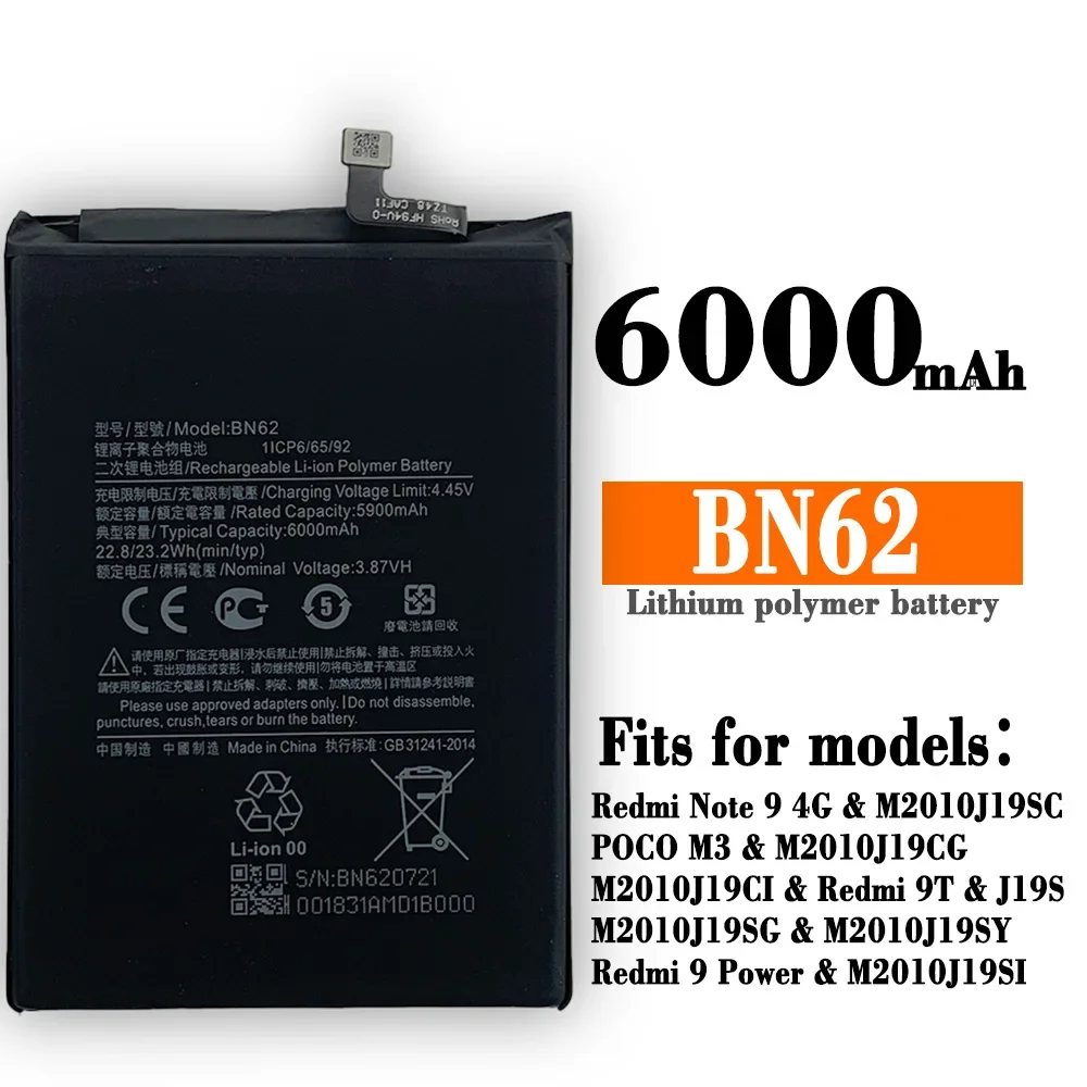 New Replacement Battery Suitable For Redmi Note 9 4G Poco M3 Redmi 9T Redmi 9 Power Mobile Phone BN62 6000mAh Built-in Batteries