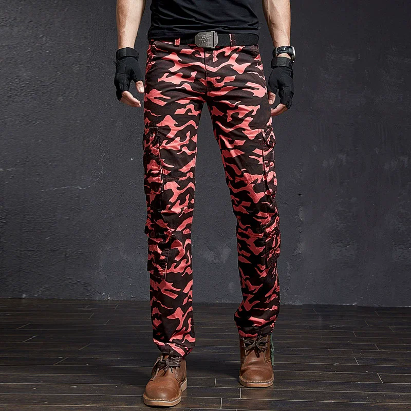 100% Cotton Camo Casual Pants Men Clothing Red Green 6 Pockets Outwear Workwear Overalls Trousers for Male 2026