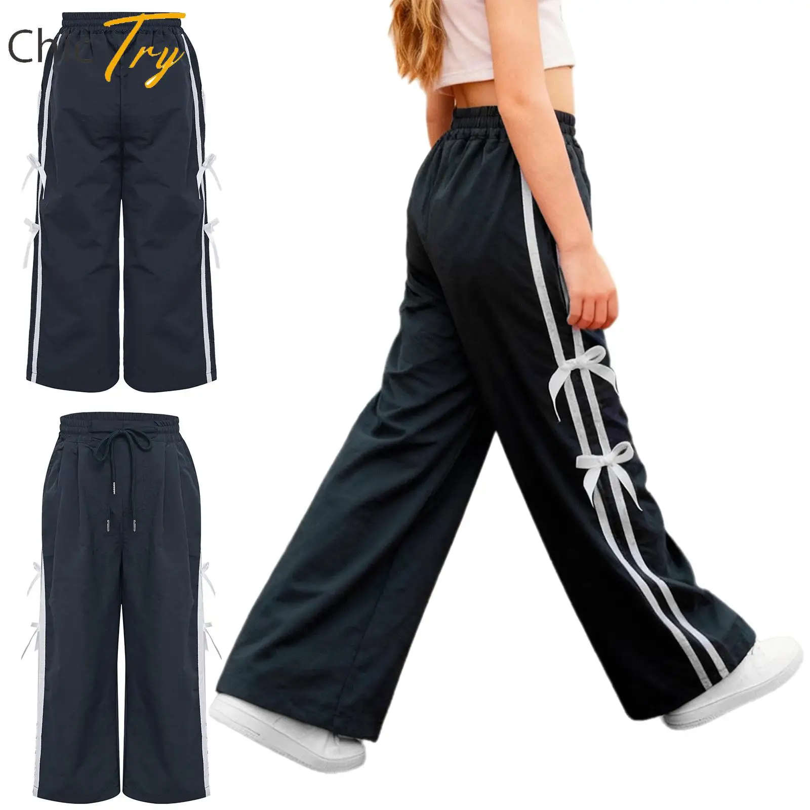 

Girls Casual Sports Pants Bottom Kids Bowknots Contrasting Stripes Sweatpants Streetwear Teen Workout Running Cycling Sportswear