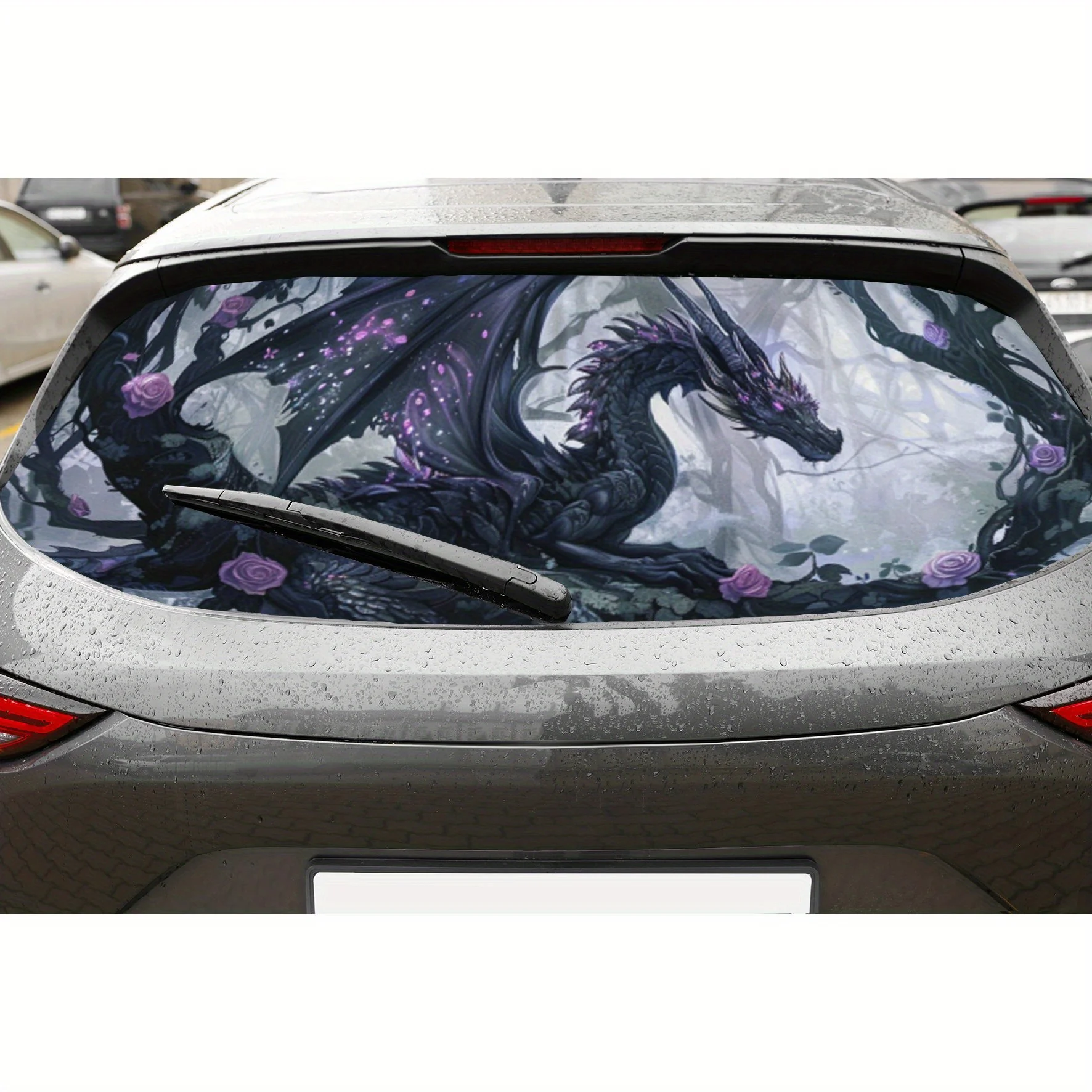 

Forest Purple Dragon and Rose PVC Perforated Car Vinyl Wraps, Durable Car Rear Windshield Sticker, Waterproof Car Rear Window De