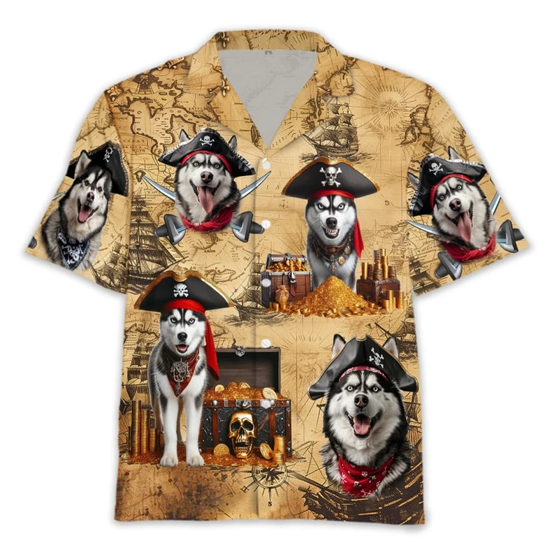 Camisas con estampado 3D de perro pirata Marauding divertido para hombres, ropa linda, Doberman, Rottweiler, camisa de playa, blusas Unisex Schnauzer