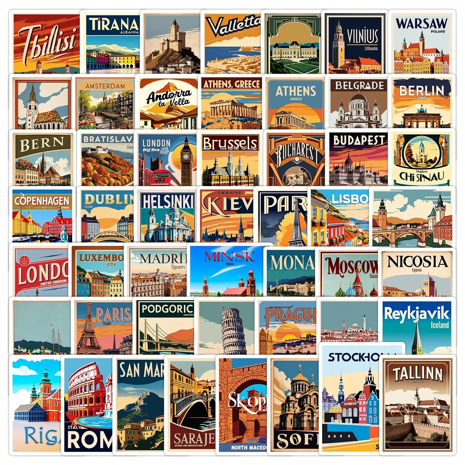

50Pcs Vintage European City Travel Stickers Landmark Buildings Poster Decals DIY Stationery Suitcase Laptop Phone Skateboard
