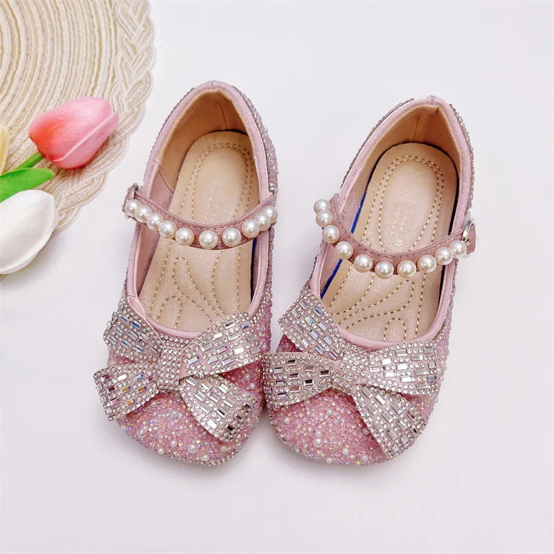 Meninas Princesa Brilho Cristal Sapatos, Sapatos de Solteiro Infantil, Baby Pink Flats, Bege Claro, Novo, Outono, período, 2023