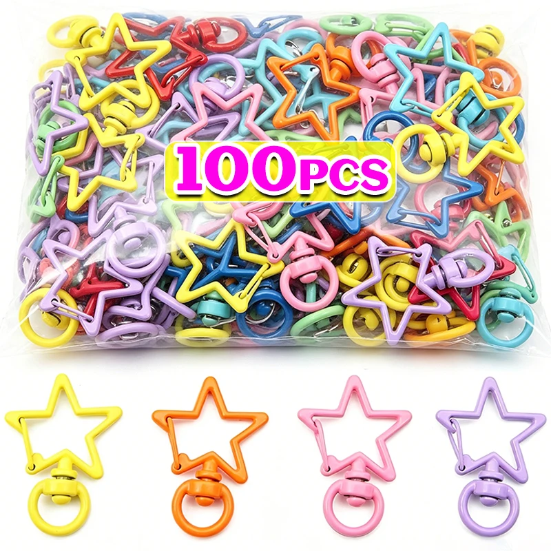 100pcs DIY Star Keychains Colorful Lobster Clasp Keyrings Pentagram Alloy Key Chain Simple Bag Pendant Parts Jewelry Accessories